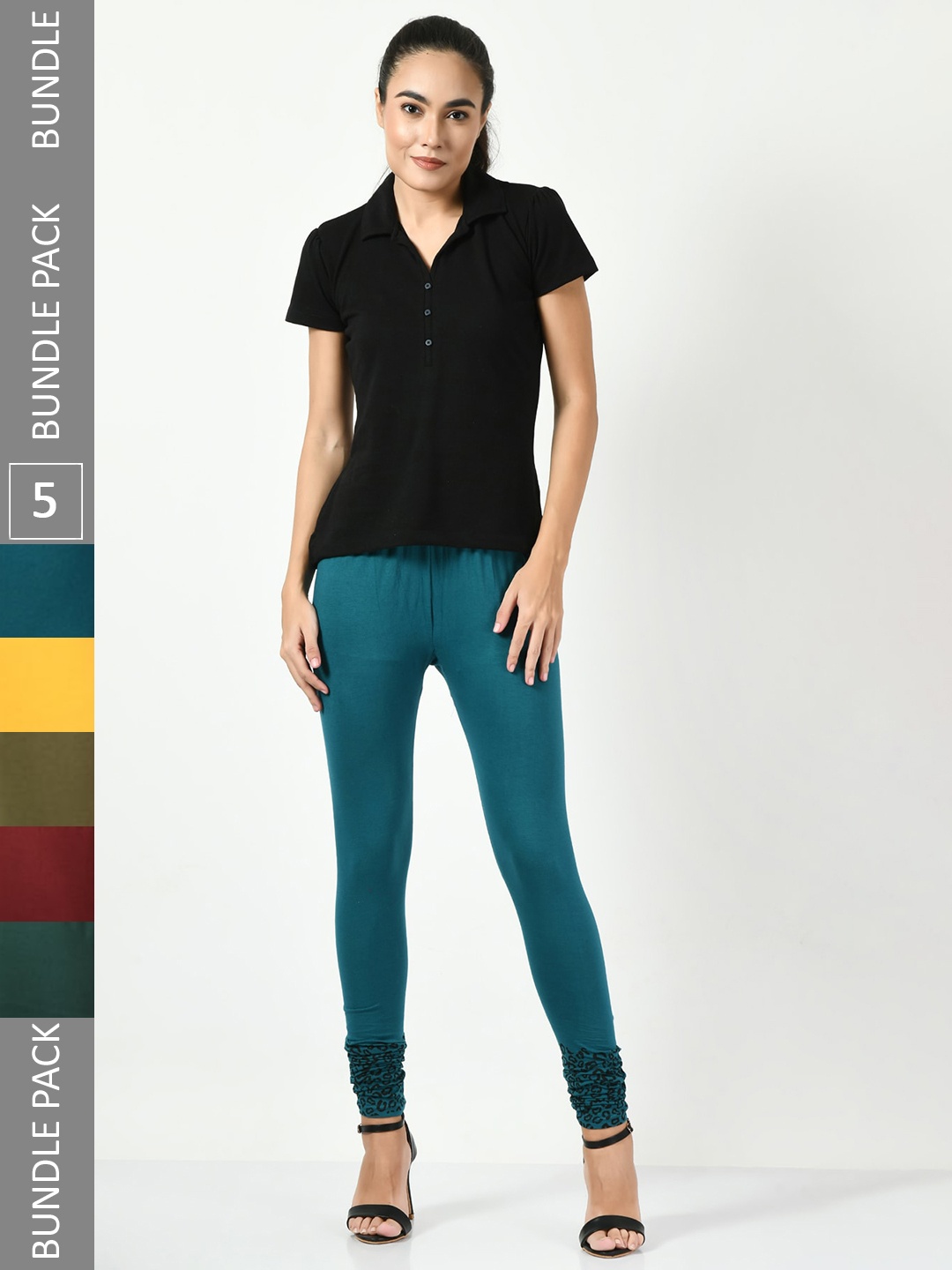 

BAESD Pack Of 5 Soft Cotton Lycra Slim-Fit Churidar-Length Leggings, Green