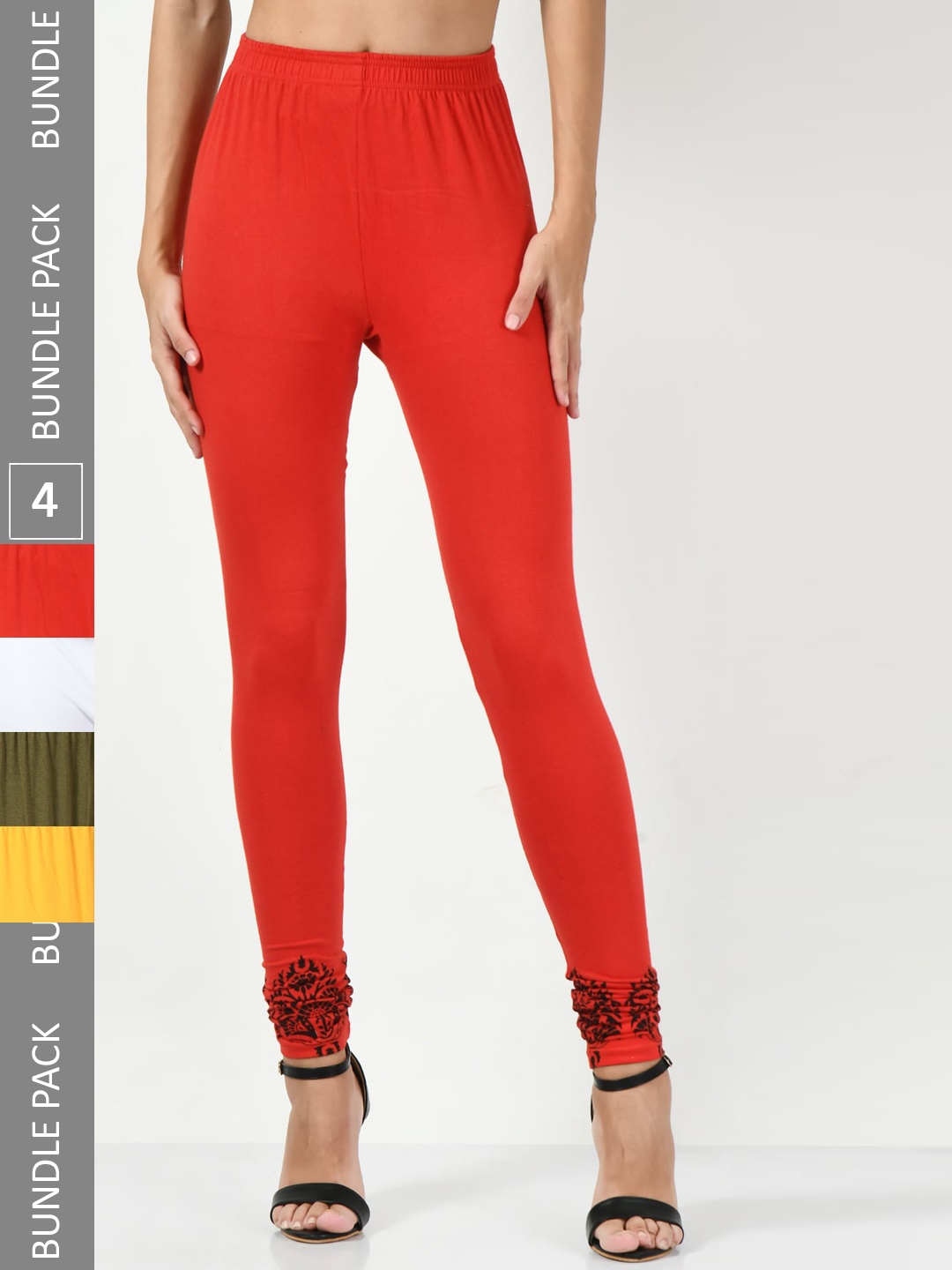 

BAESD Pack Of 4 Printed Slim-Fit Churidar-Length Leggings, Red