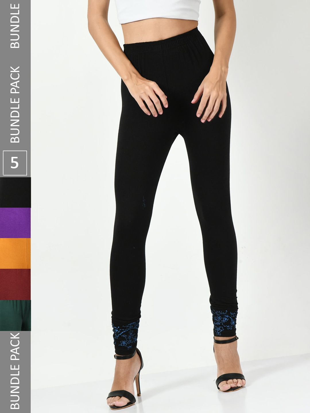 

BAESD Pack Of 5 Slim-Fit Churidar-Length Cotton Lycra Leggings, Black
