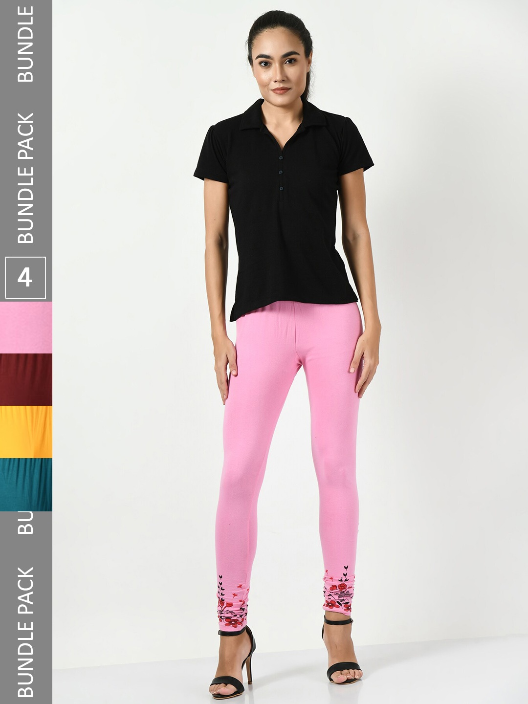 

BAESD Women Pack Of 4 Slim-Fit Churidar-Length Cotton Lycra Leggings, Pink