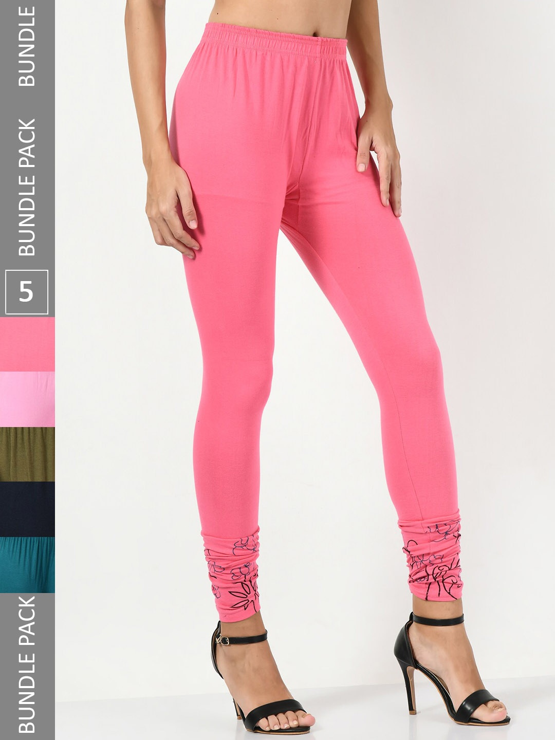 

BAESD Pack Of 5 Printed Slim-Fit Soft Churidar-Length Leggings, Pink