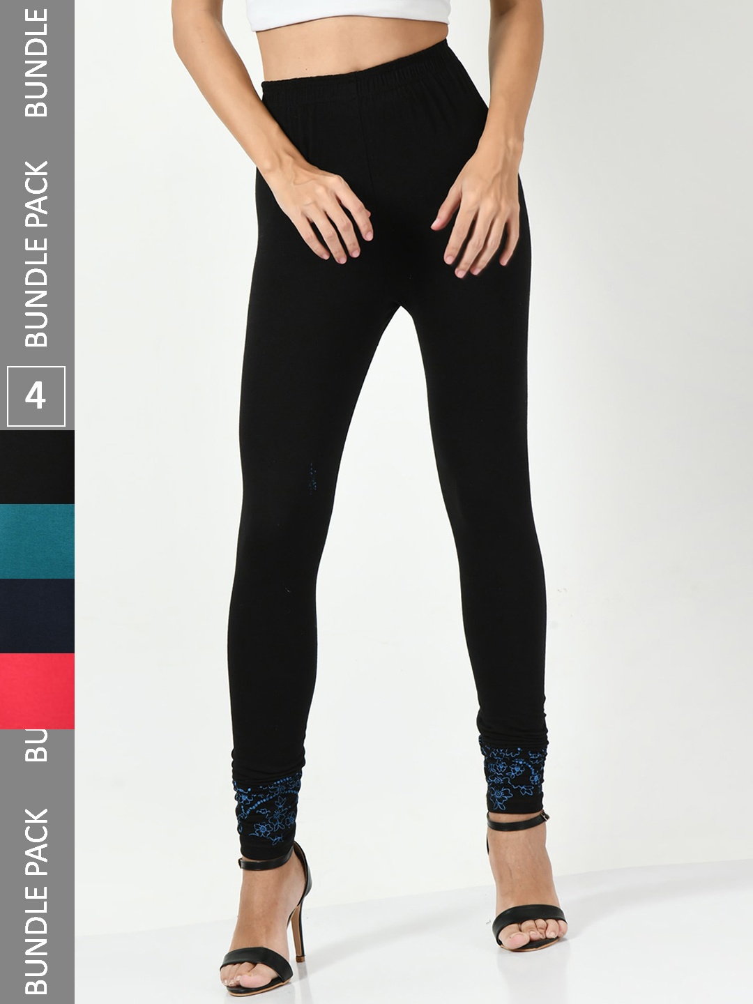 

BAESD Pack Of 4 Printed Slim-Fit Churidar-Length Leggings, Black