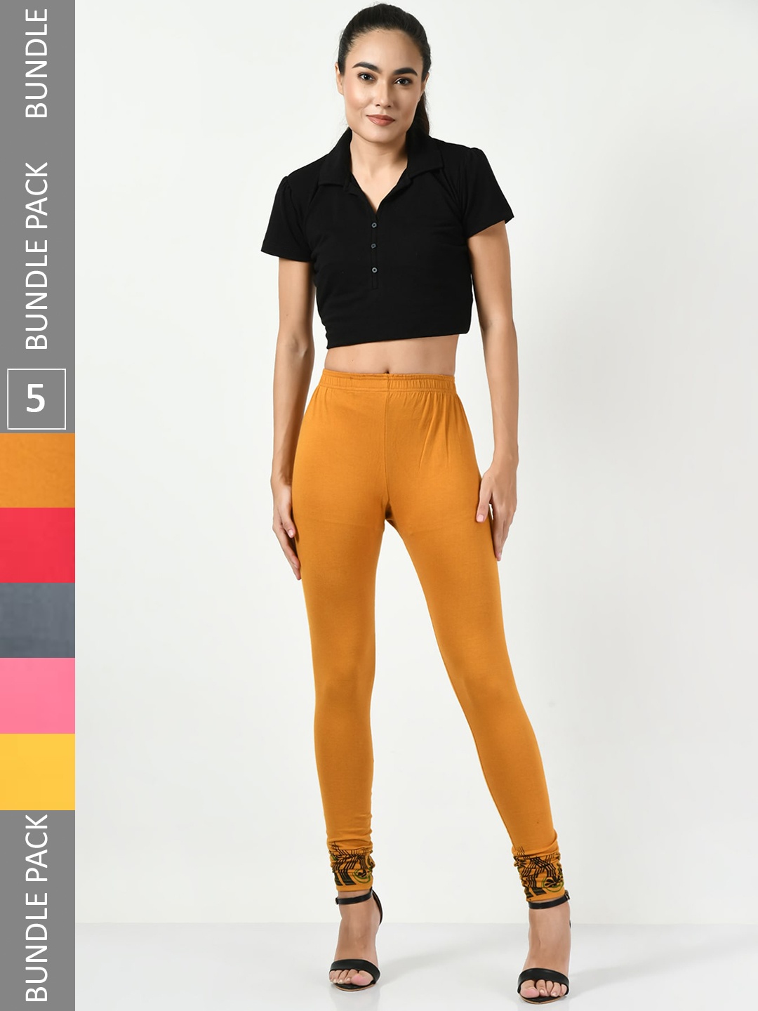

BAESD Pack Of 5 Printed Slim-Fit Churidar-Length Leggings, Yellow