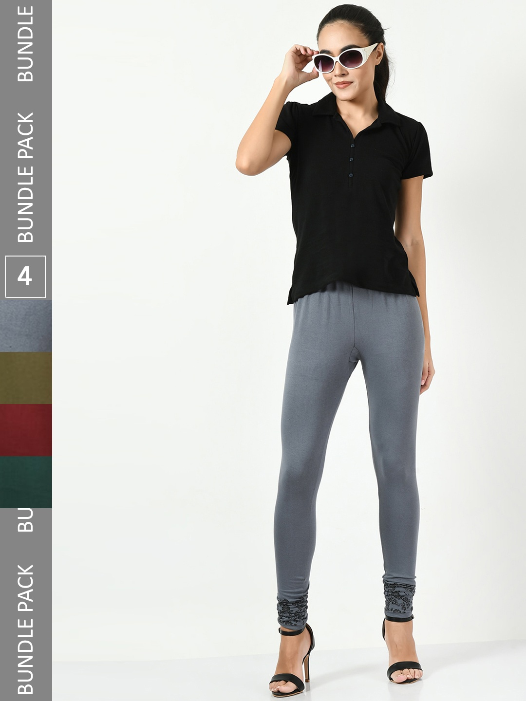 

BAESD Pack Of 4 Soft Cotton Lycra Slim-Fit Churidar-Length Leggings, Grey