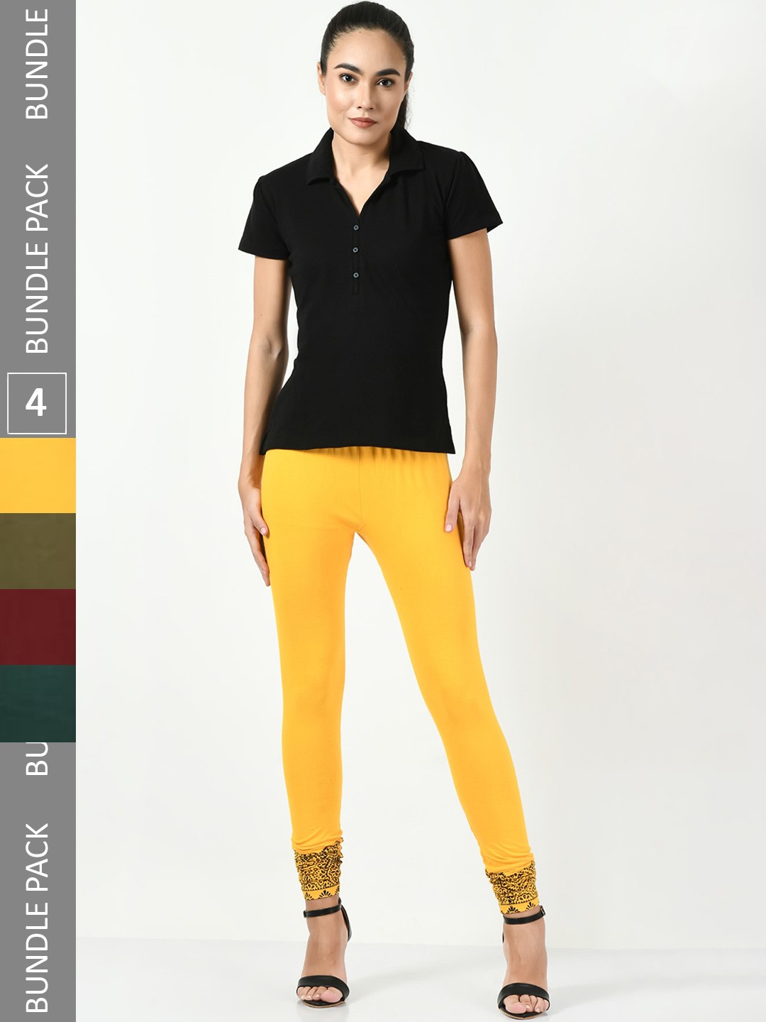 

BAESD Pack Of 4 Slim-Fit Churidar-Length Cotton Lycra Leggings, Yellow