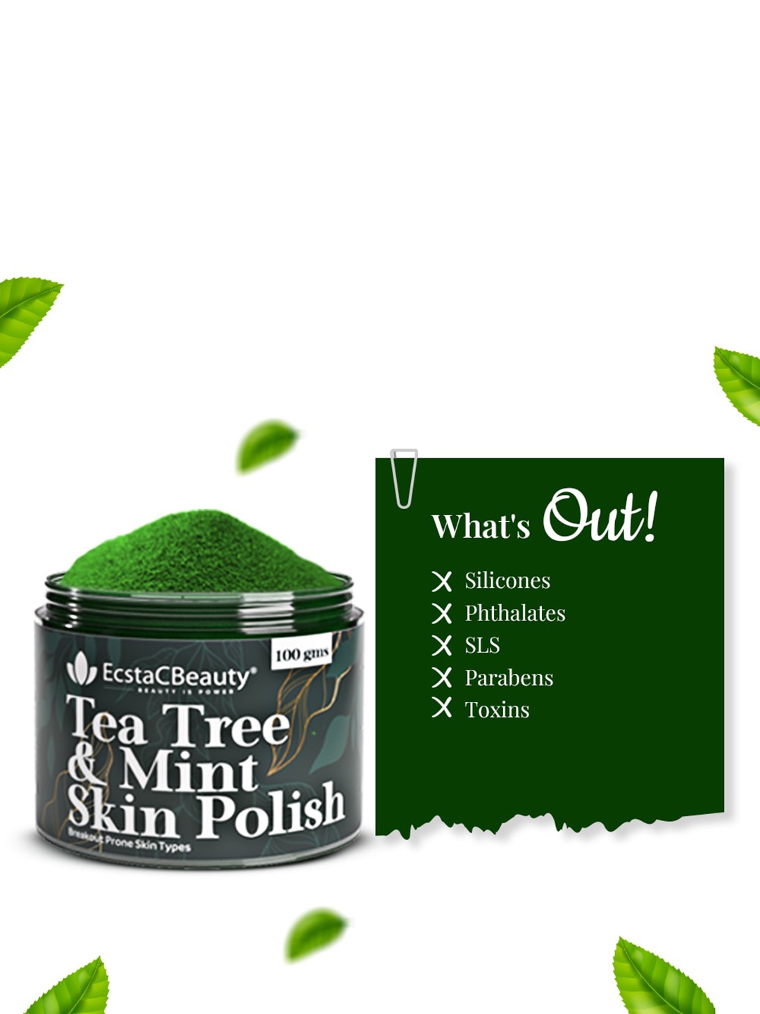 

EcstaCBeauty Beauty Is Power Tea Tree & Mint Skin Polish Scrub - 50g, Black