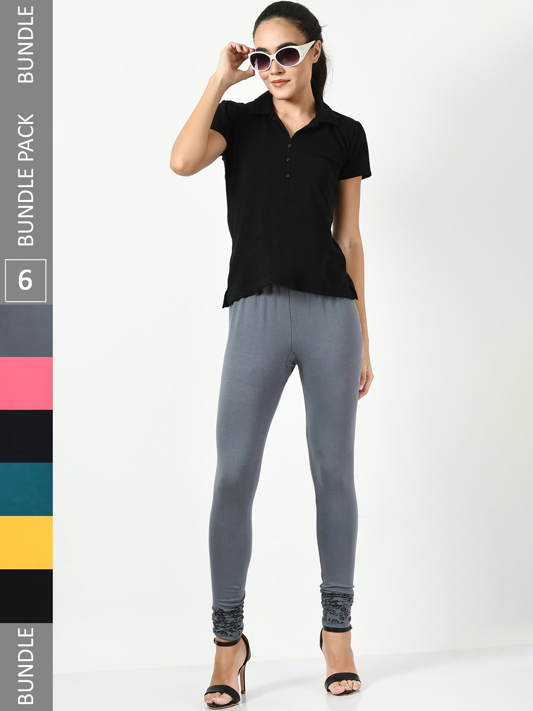 

BAESD Pack Of 6 Printed Slim-Fit Churidar-Length Leggings, Grey