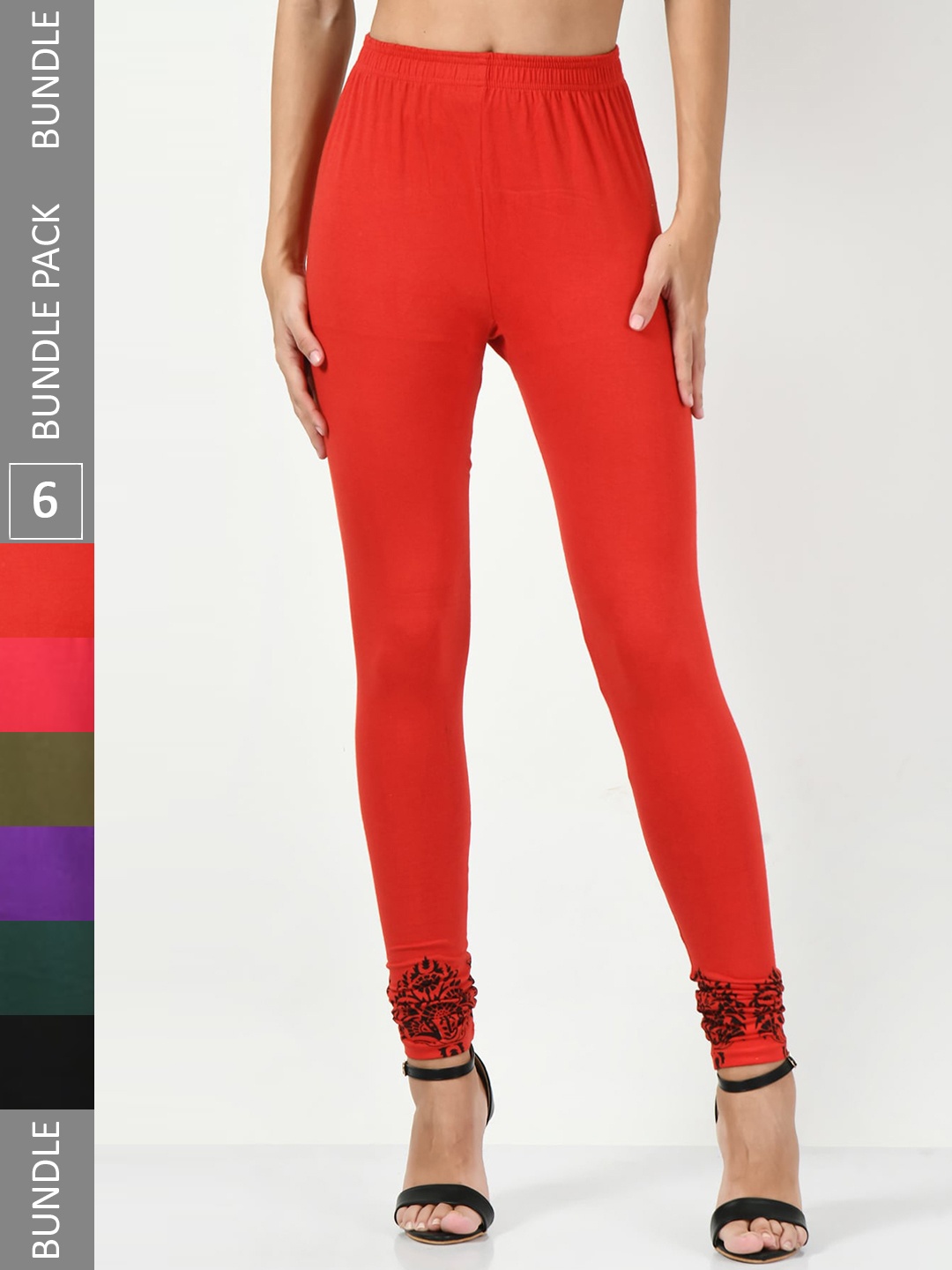 

BAESD Pack Of 6 Slim-Fit Printed Churidar-Length Cotton Lycra Leggings, Red
