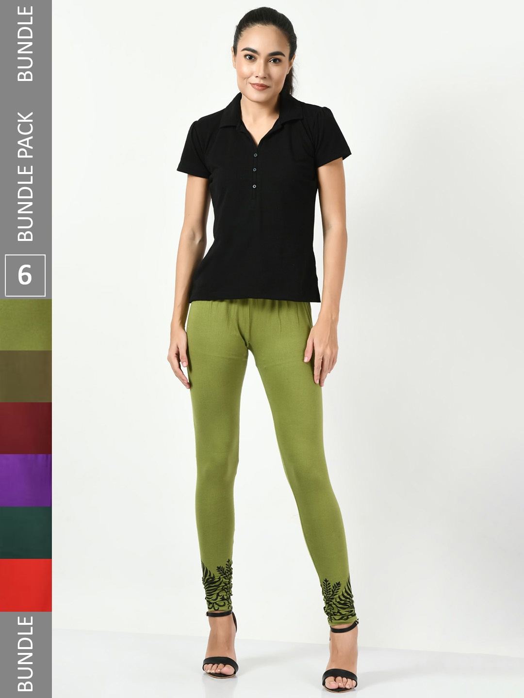 

BAESD Women Pack Of 6 Slim-Fit Churidar-Length Leggings, Green