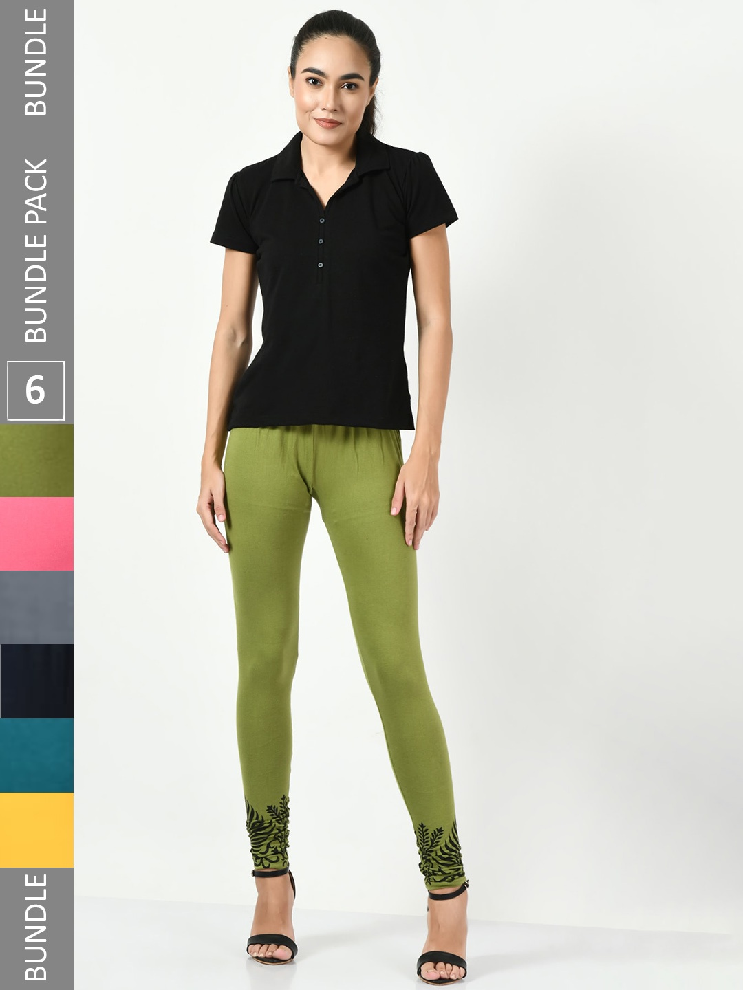 

BAESD Pack Of 6 Printed Soft Cotton Lycra Churidar-Length Leggings, Green