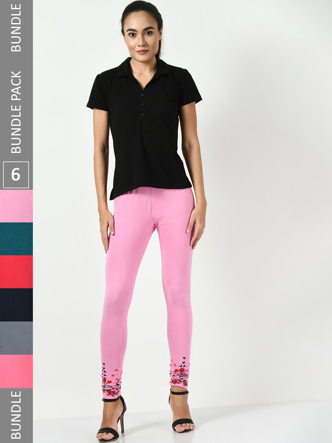 

BAESD Pack Of 6 Slim-Fit Churidar-Length Cotton Lycra Leggings, Pink