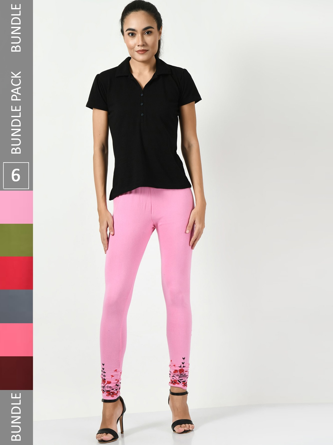

BAESD Women Pack Of 6 Slim-Fit Churidar-Length Leggings, Pink