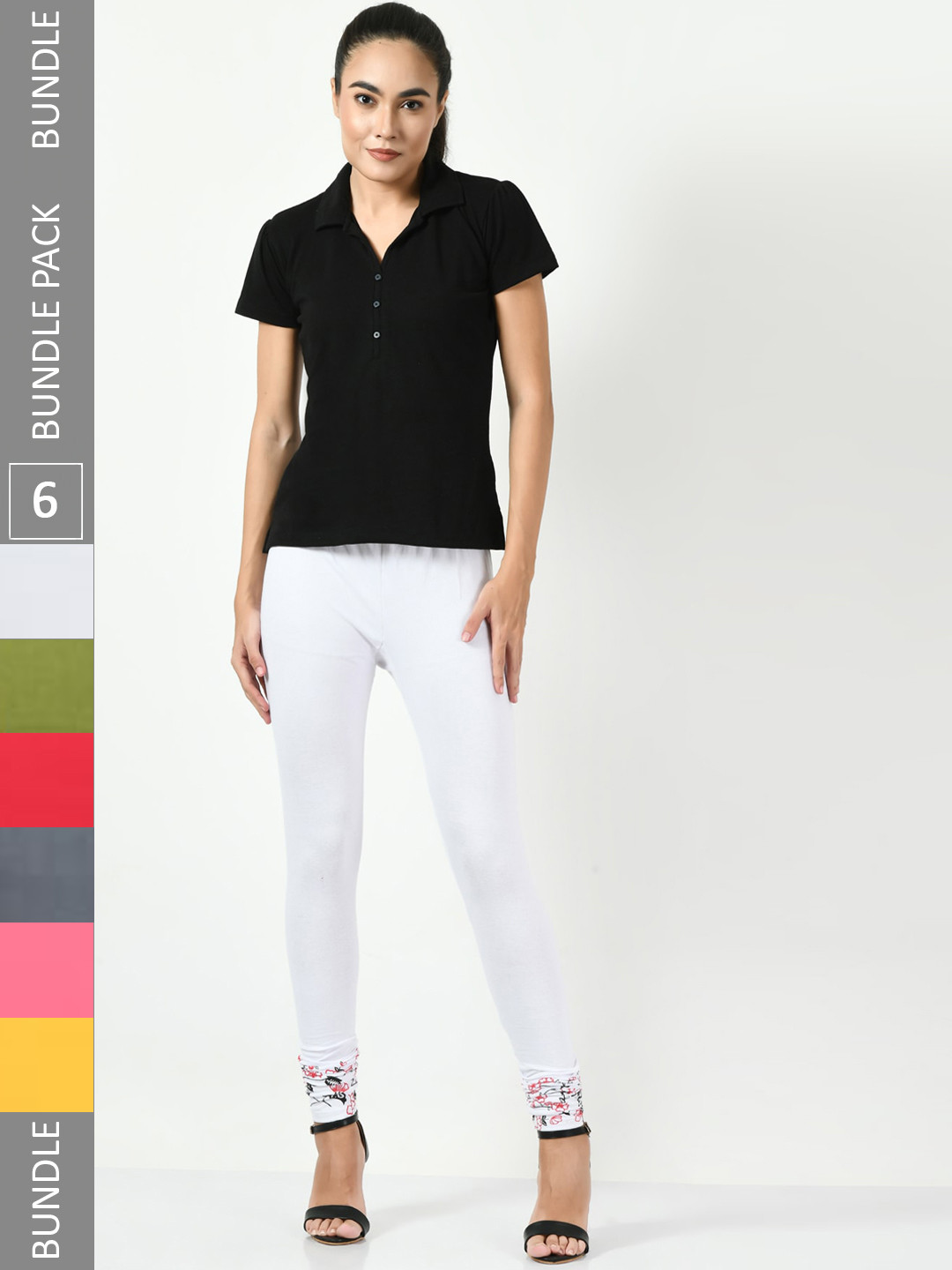 

BAESD Pack Of 6 Slim-Fit Printed Churidar-Length Cotton Lycra Leggings, White