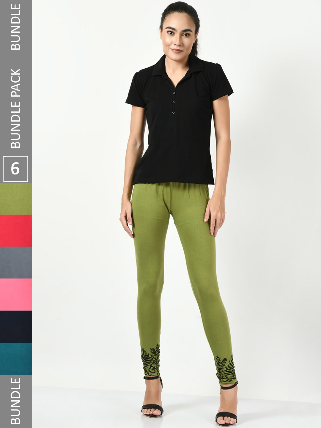 

BAESD Pack Of 6 Slim-Fit Soft & Comfortable Churidar-Length Cotton Lycra Leggings, Green