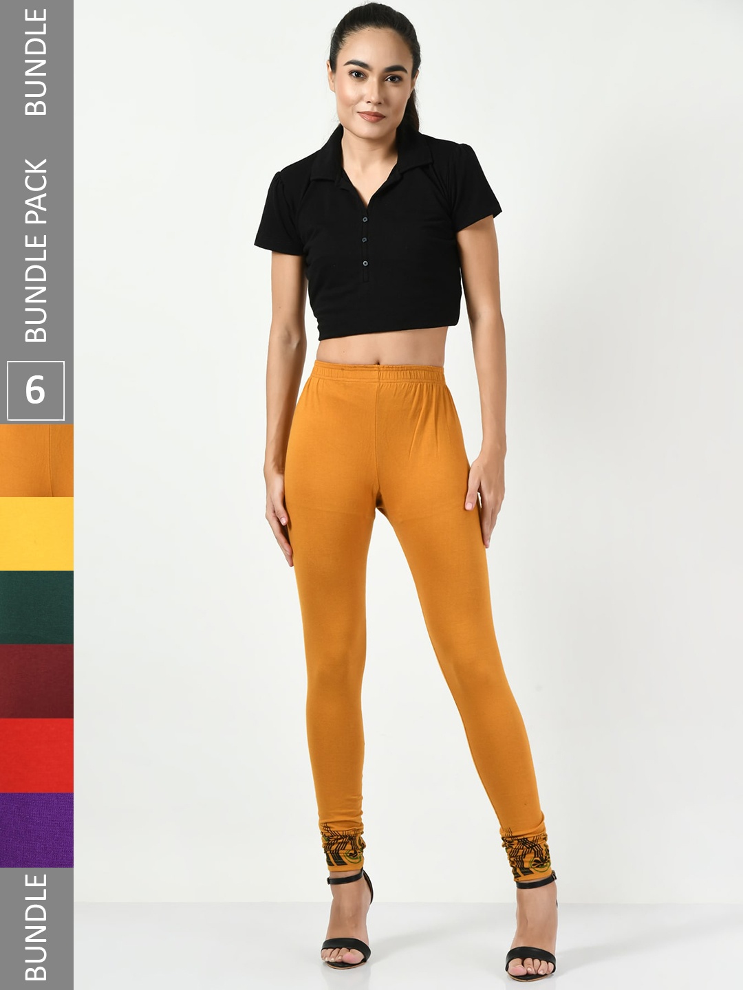 

BAESD Pack Of 6 Printed Cotton Lycra Churidar-Length Leggings, Mustard