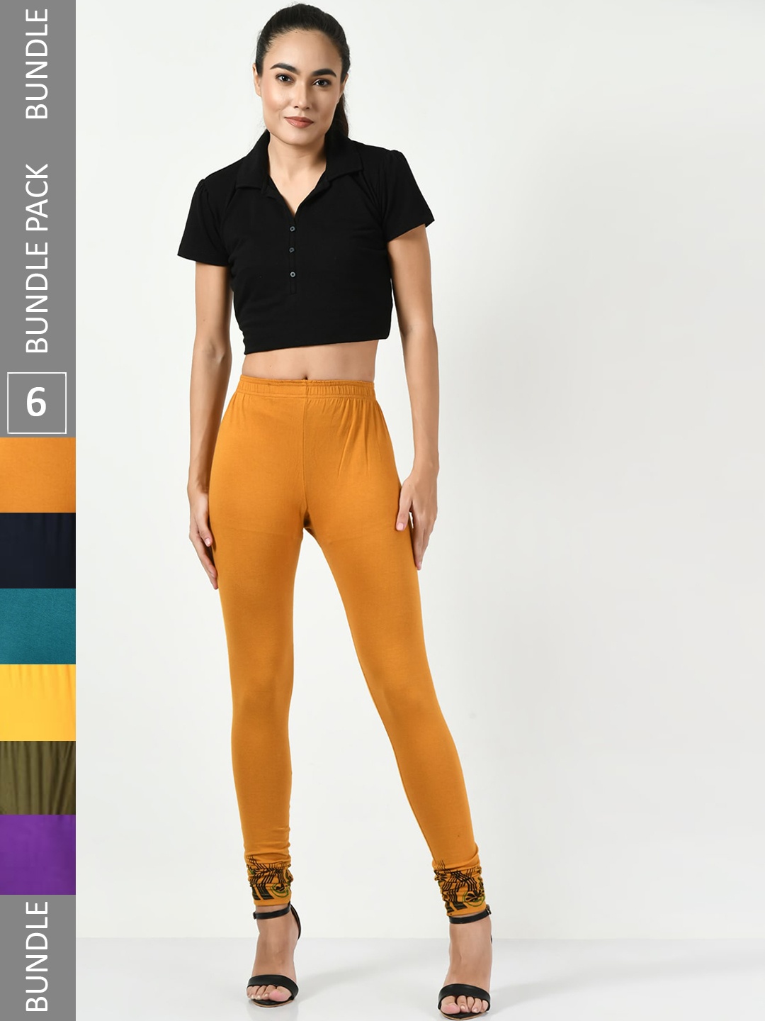 

BAESD Pack Of 6 Printed Slim-Fit Churidar-Length Leggings, Yellow