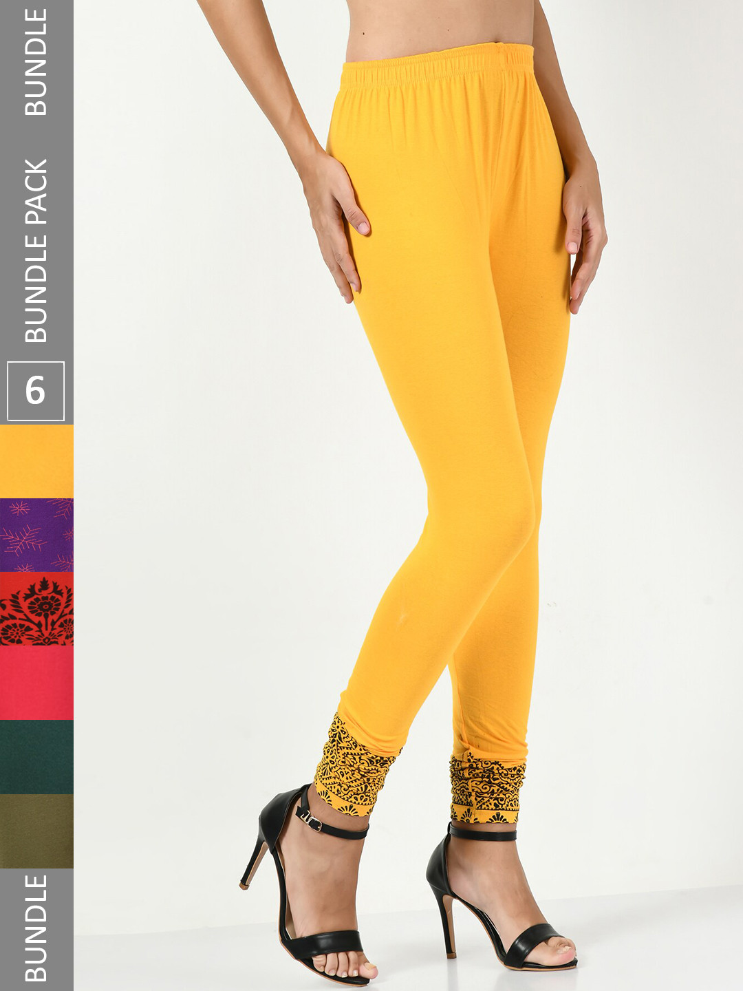 

BAESD Pack Of 6 Bottom Printed Churidar Length Leggings, Yellow