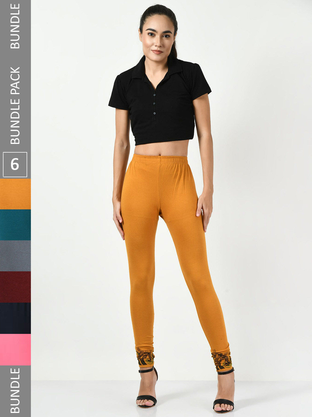 

BAESD Pack Of 6 Slim-Fit Soft & Comfortable Churidar-Length Cotton Lycra Leggings, Mustard