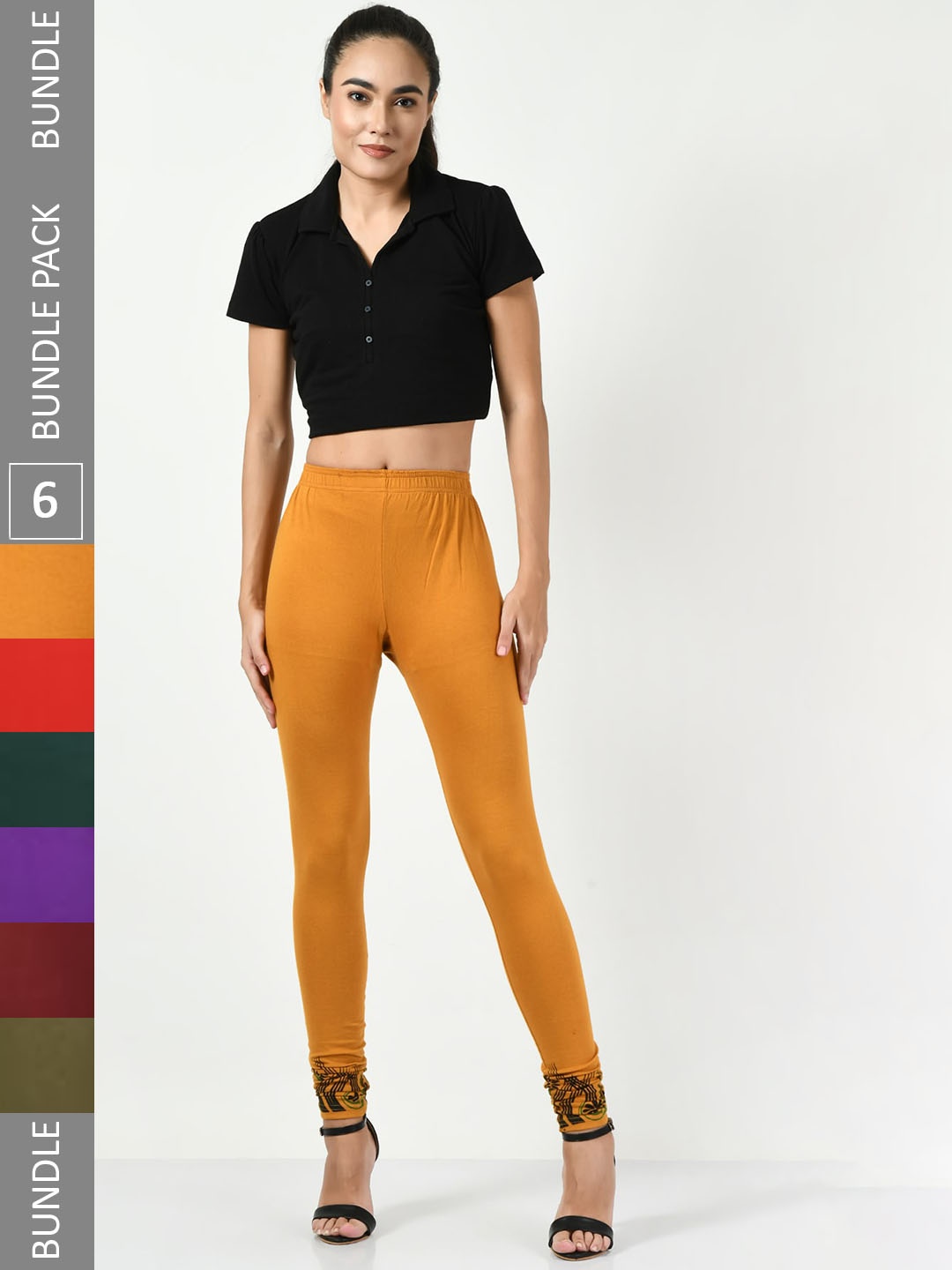 

BAESD Pack Of 6 Bottom Printed Churidar Length Leggings, Mustard