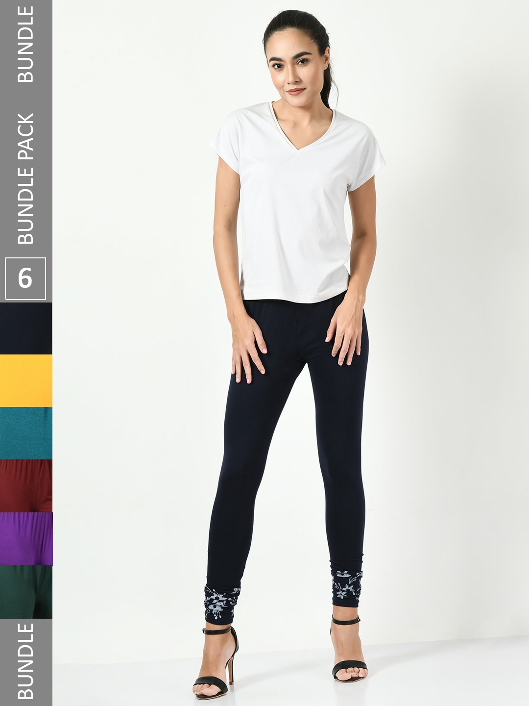 

BAESD Pack Of 6 Bottom Printed Churidar Length Leggings, Black