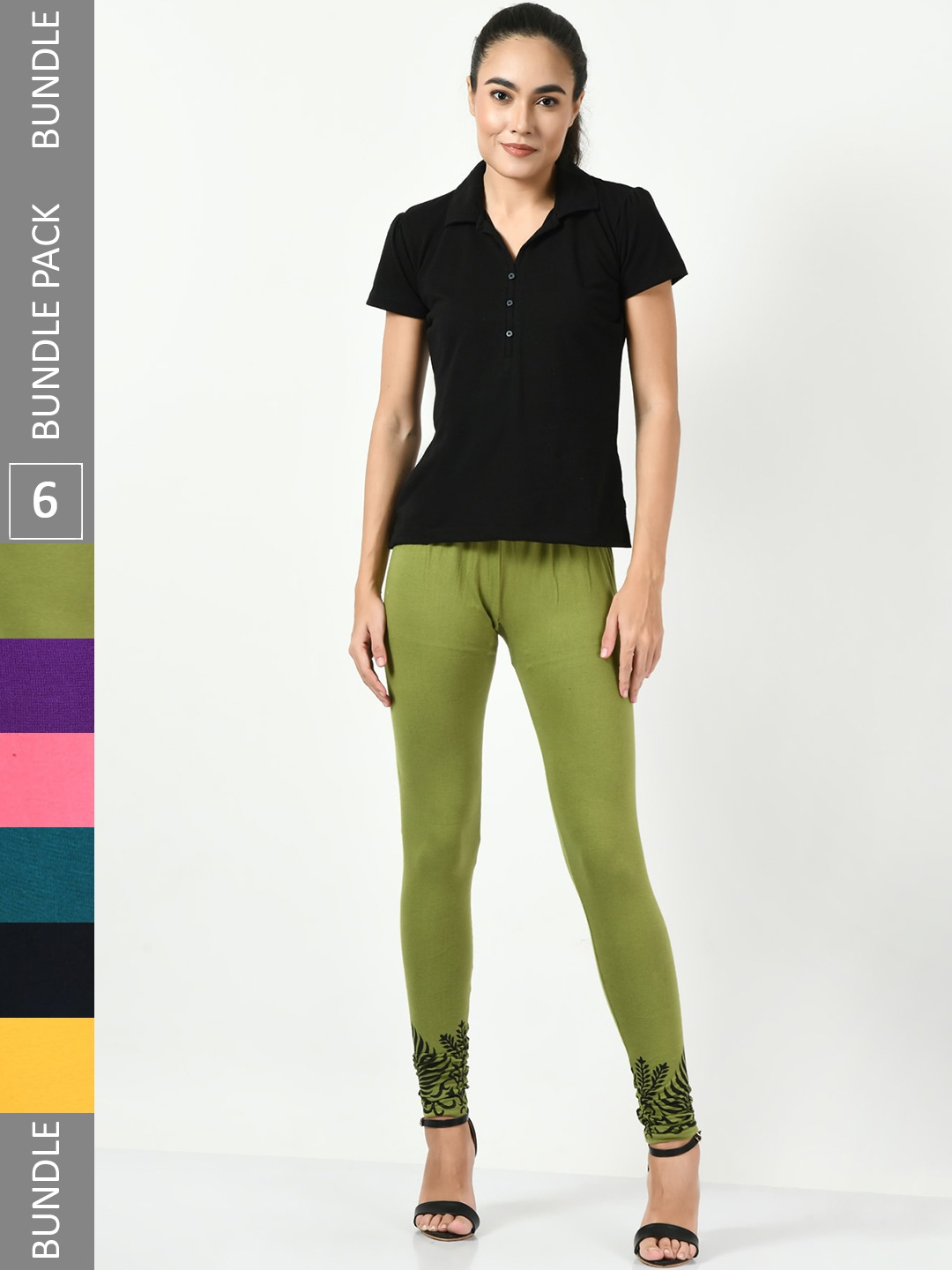 

BAESD Pack Of 6 Printed Hem Detail Slim-Fit Churidar-Length Cotton Lycra Leggings, Green