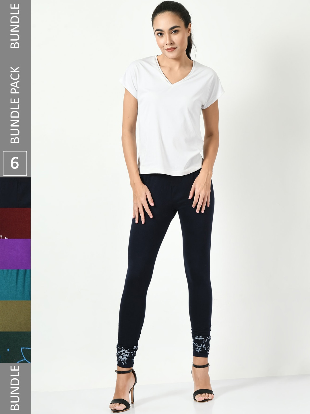 

BAESD Pack Of 6 Printed Hem Detail Slim-Fit Ankle-Length Soft Leggings, Navy blue