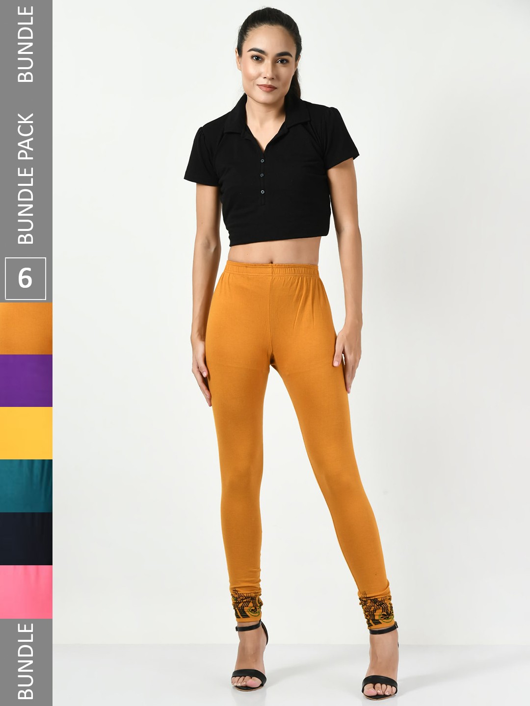 

BAESD Pack Of 6 Floral Printed Hem Detail Slim-Fit Churidar-Length Leggings, Mustard
