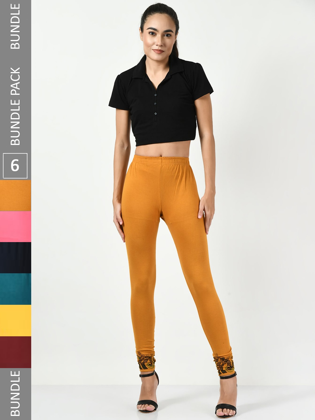 

BAESD Pack Of 6 Printed Hem Detail Slim-Fit Ankle-Length Soft Cotton Lycra Leggings, Mustard