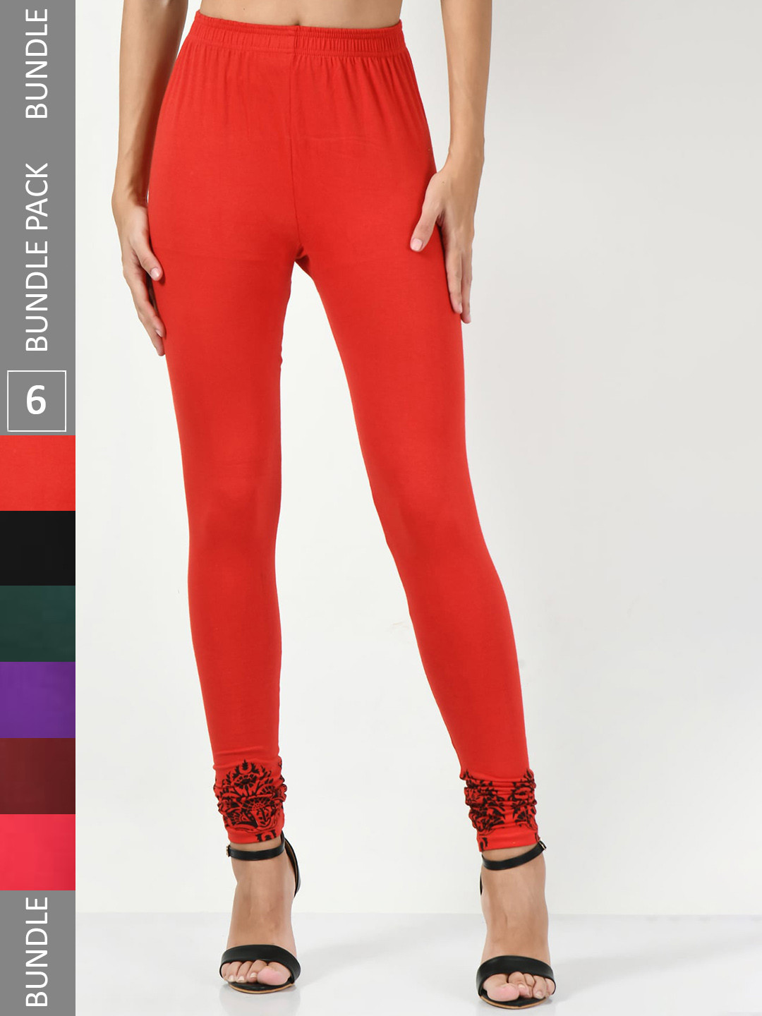 

BAESD Pack Of 6 Printed Slim-Fit Churidar-Length Leggings, Coral