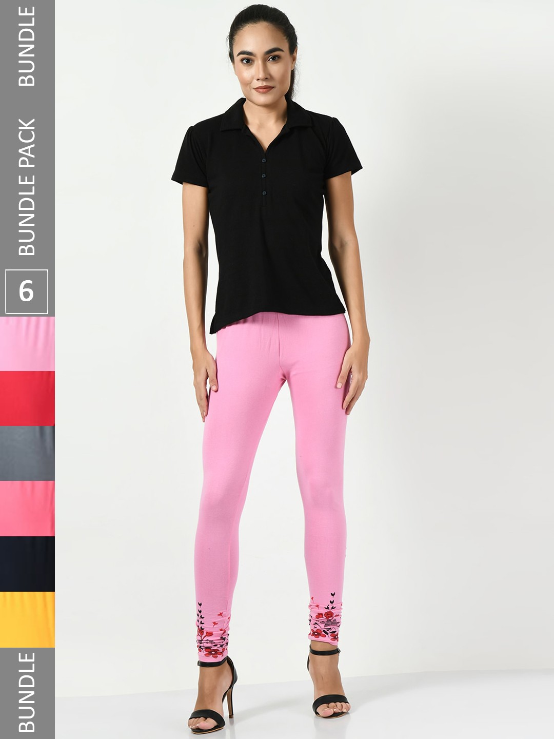 

BAESD Pack Of 6 Printed Hem Detail Slim-Fit Ankle-Length Soft Leggings, Pink