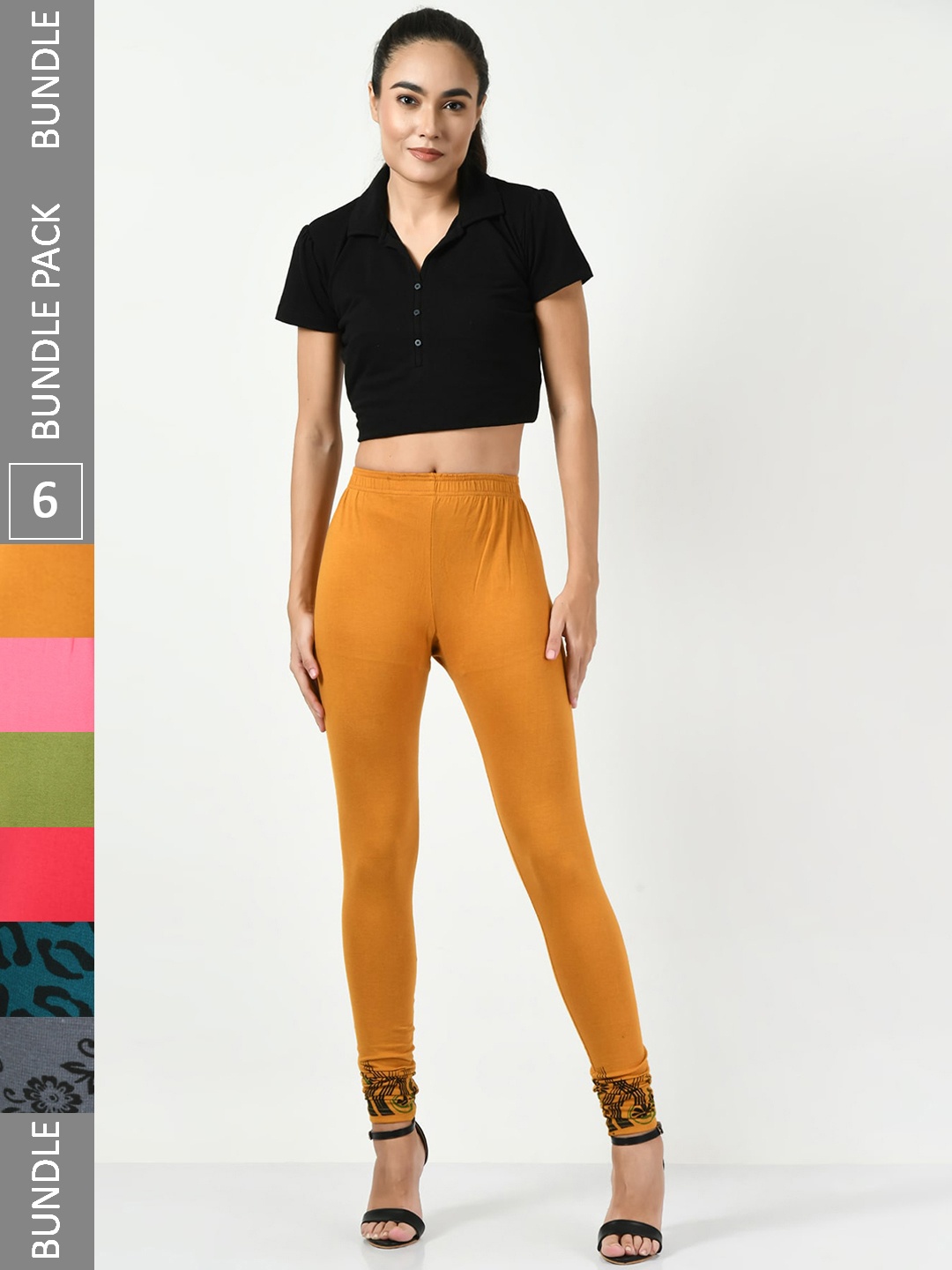 

BAESD Pack Of 6 Printed Slim-Fit Soft Churidar-Length Leggings, Mustard