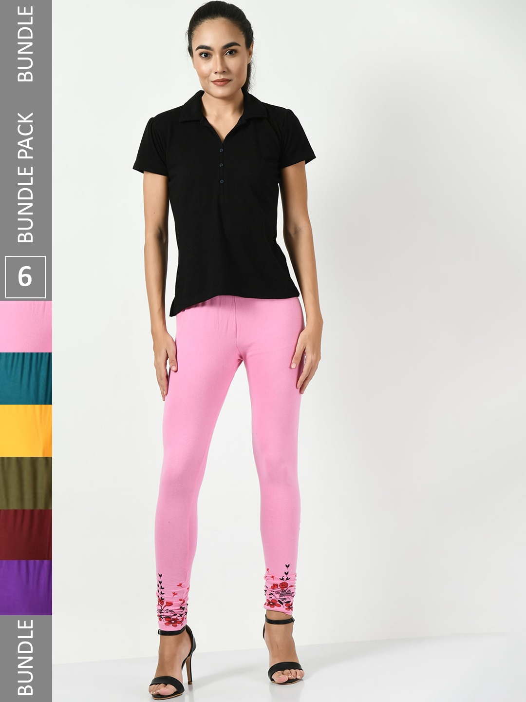 

BAESD Pack Of 6 Printed Slim-Fit Churidar Length Leggings, Pink