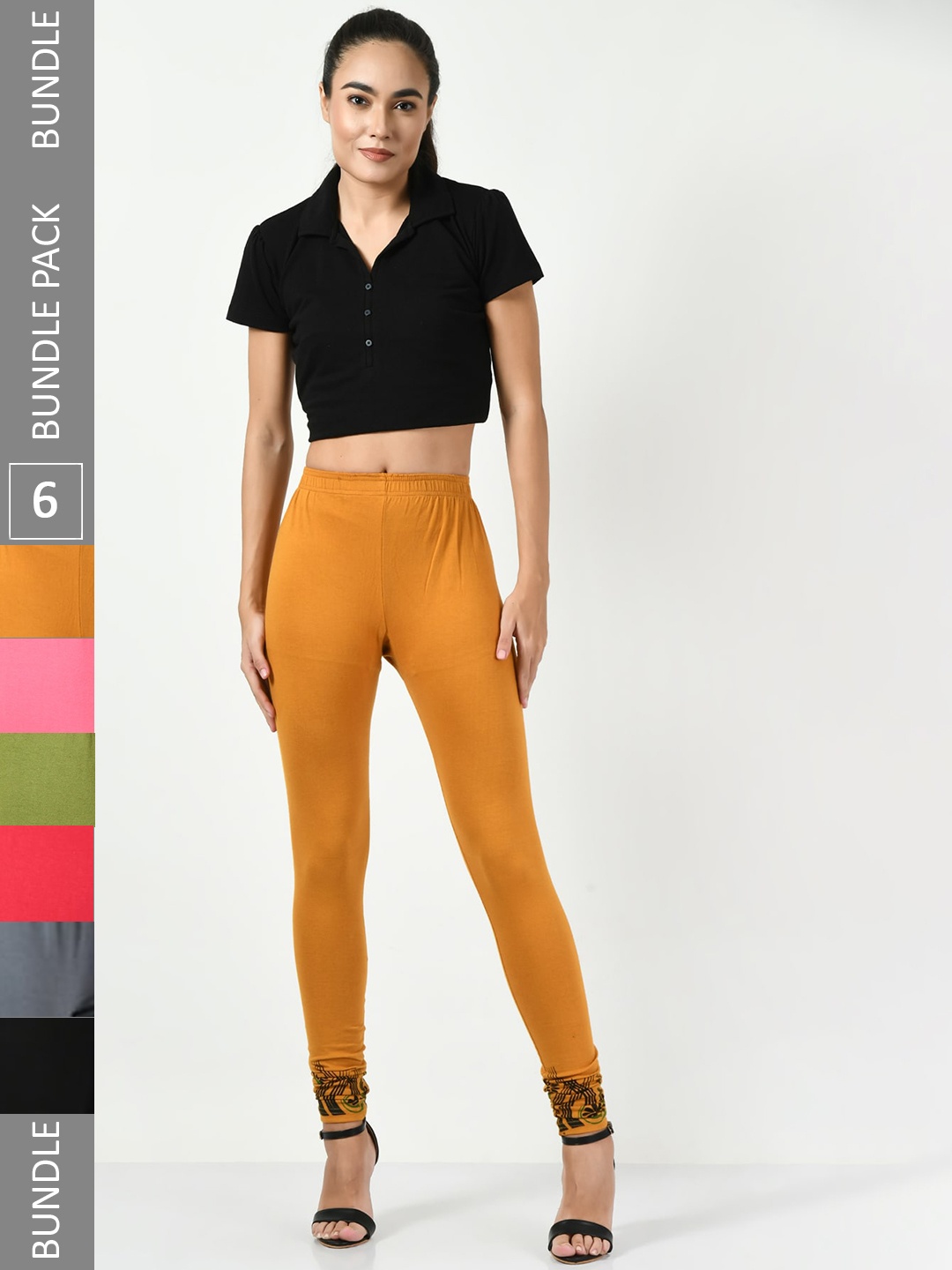 

BAESD Pack Of 6 Printed Hem Detail Slim-Fit Soft Leggings, Mustard