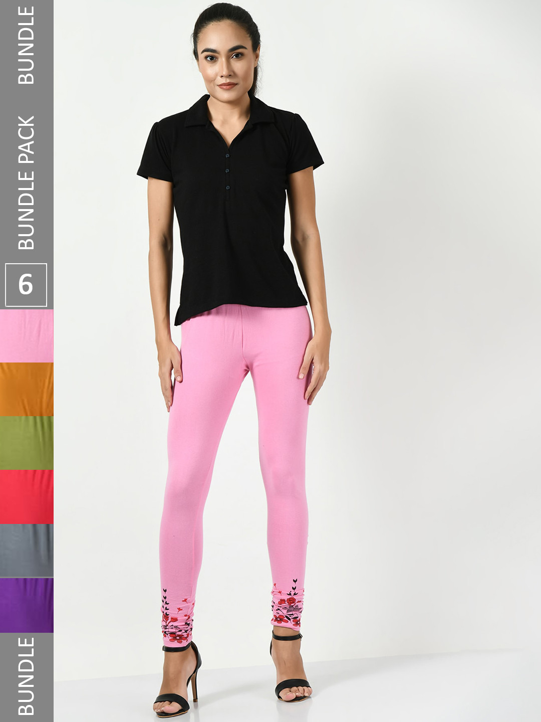 

BAESD Pack Of 6 Printed Slim-Fit Soft Churidar-Length Leggings, Pink