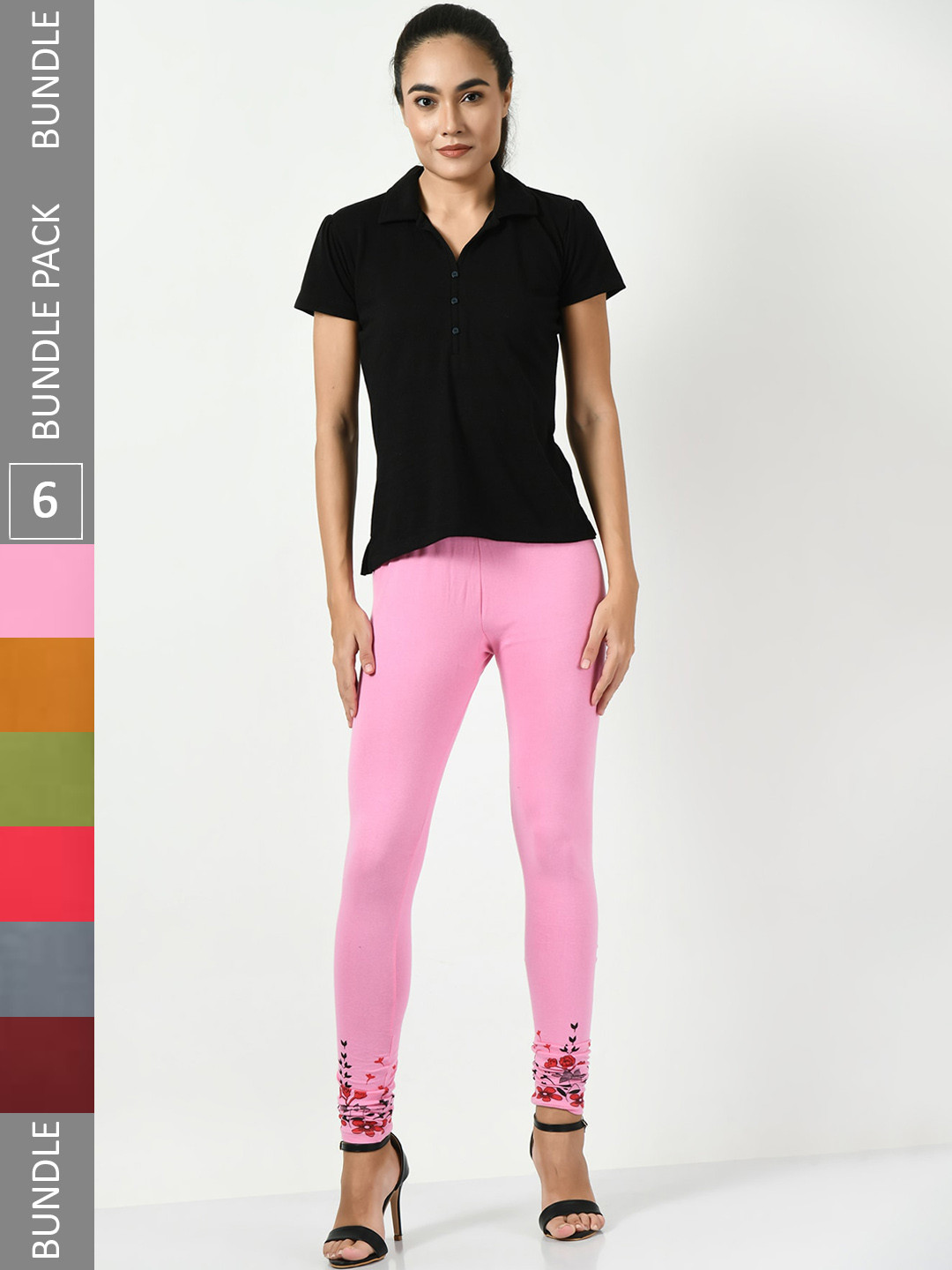 

BAESD Pack Of 6 Printed Slim-Fit Churidar-Length Leggings, Pink