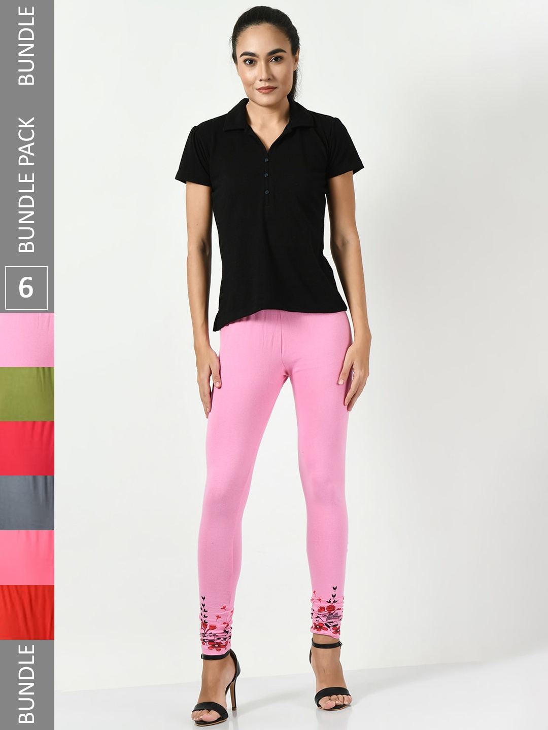 

BAESD Pack Of 6 Printed Soft Cotton Lycra Slim-Fit Soft Leggings, Pink