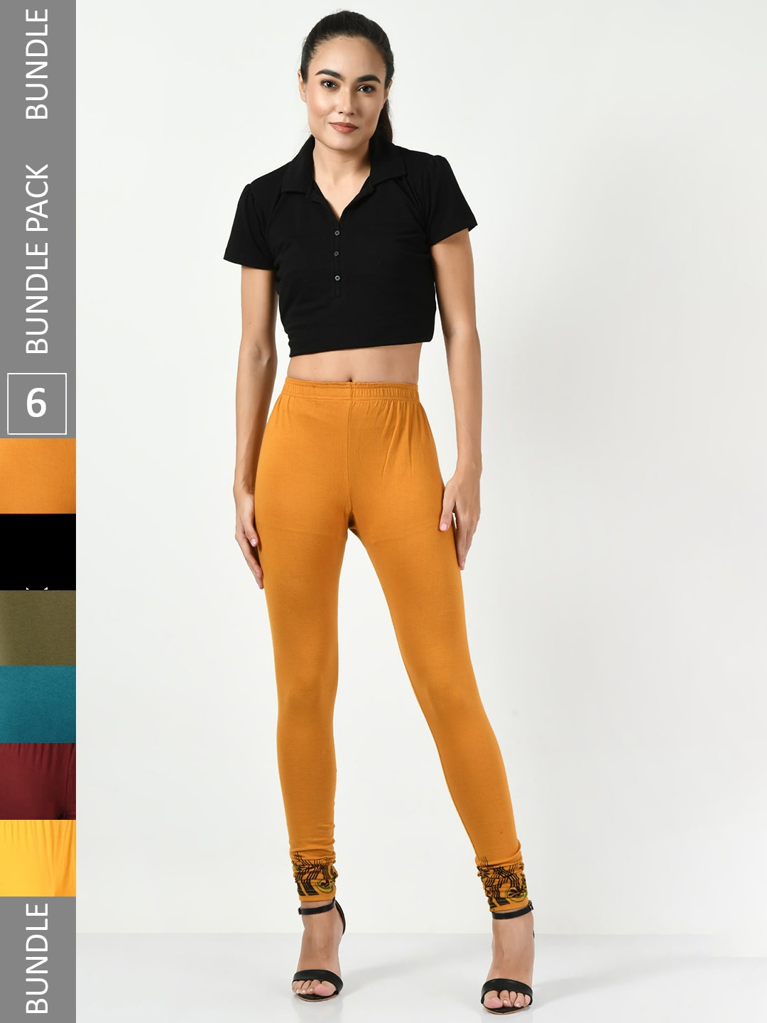 

BAESD Pack Of 6 Printed Soft Cotton Lycra Slim-Fit Soft Leggings, Mustard