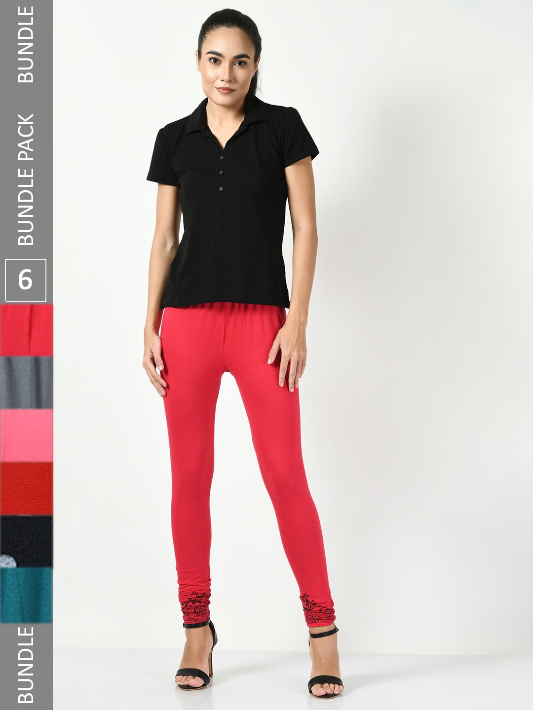 

BAESD Pack Of 6 Bottom Printed Slim-Fit Cotton Lycra Churidar Length Leggings, Coral