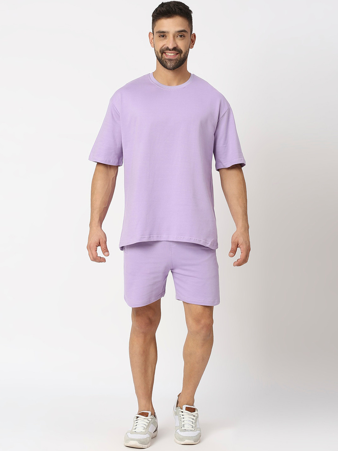 

THE DAILY OUTFITS Round Neck Short Pure Cotton Oversized T-shirt With Shorts, Lavender