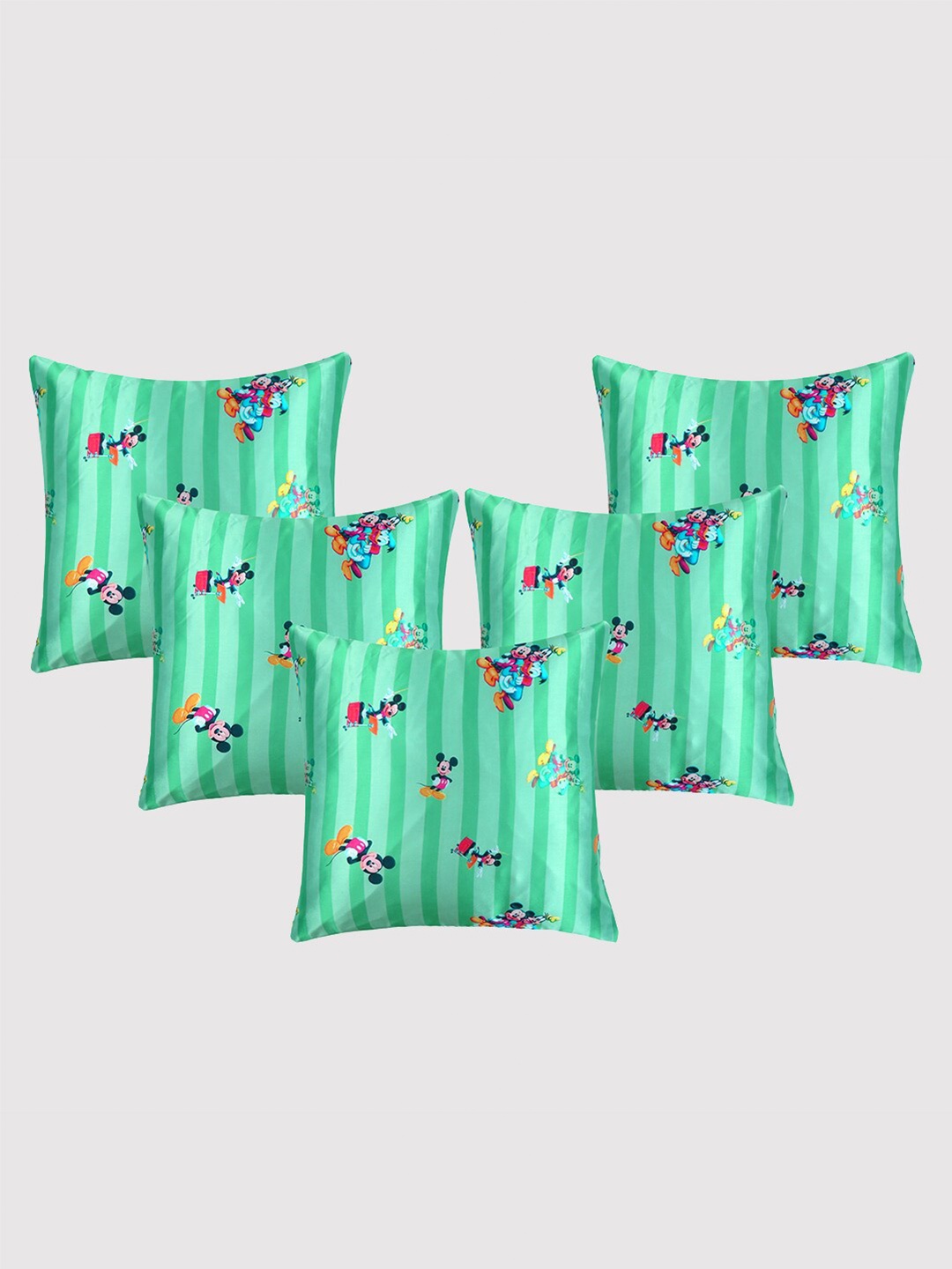 

OUSSUM Green & Black 5-Pieces Mickey & Friends Printed Satin Square Cushion Covers