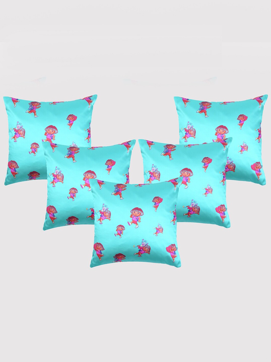 

OUSSUM Blue & Pink 5-Pieces Dora Printed Satin Square Cushion Covers