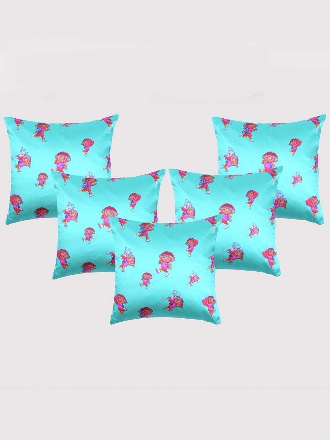 

OUSSUM Blue & Pink 5-Pieces Dora Printed Satin Square Cushion Covers