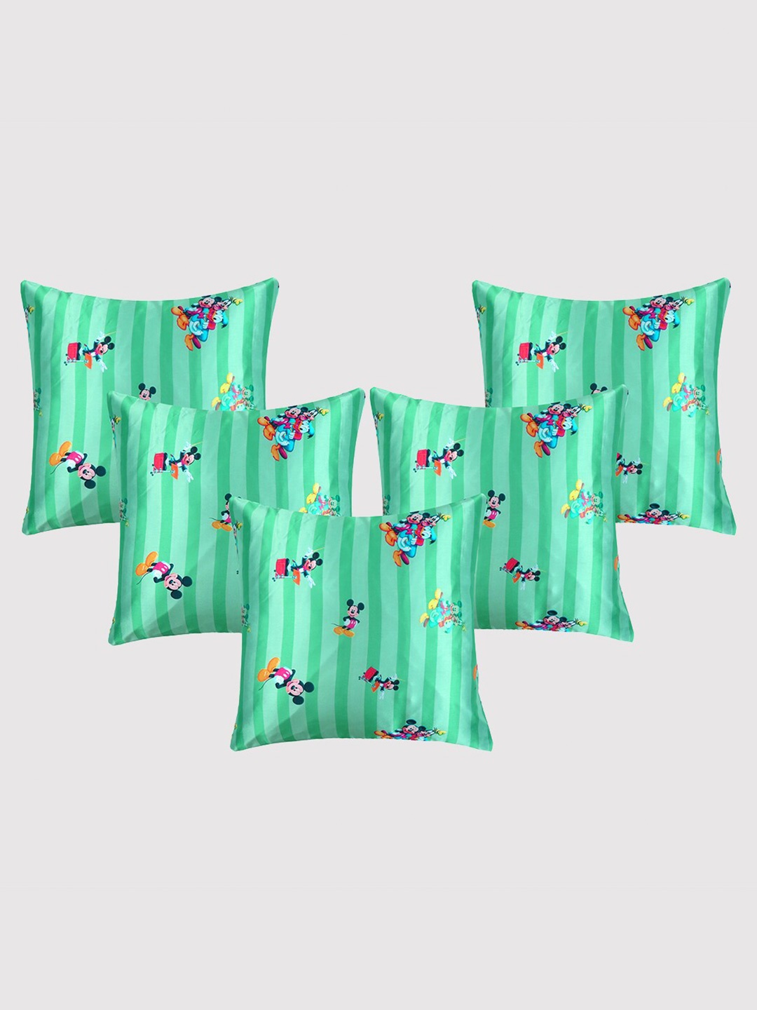 

OUSSUM Green & Pink 5-Pieces Mickey & Friends Printed Satin Square Cushion Covers