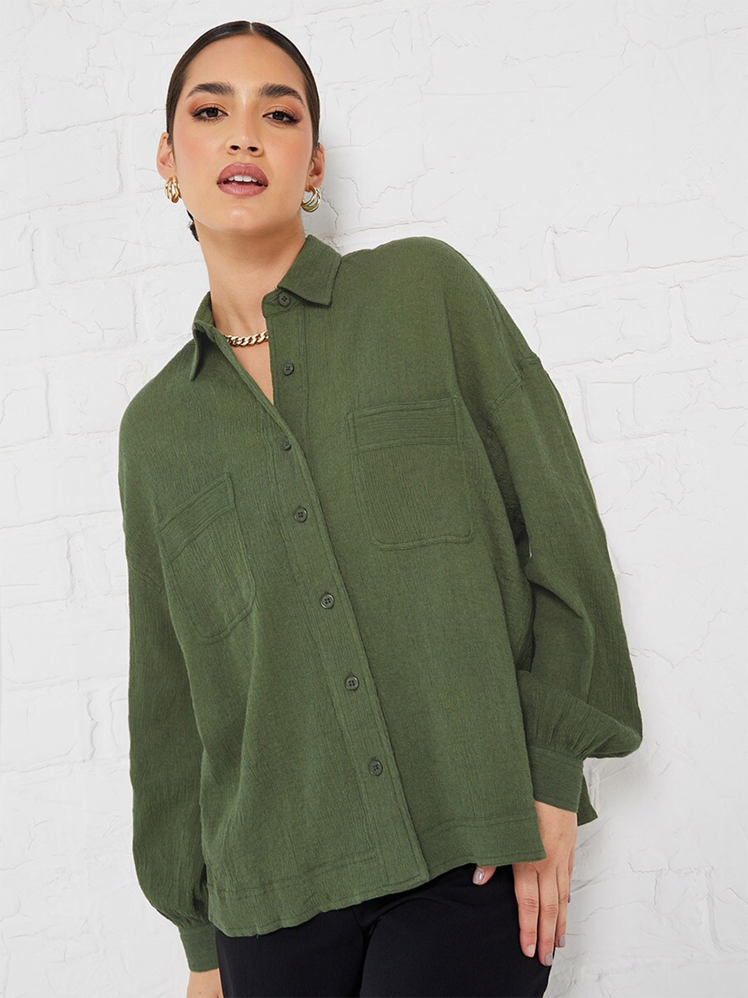 

Styli Green Drop-Shoulder Sleeves Oversized Cotton Casual Shirt
