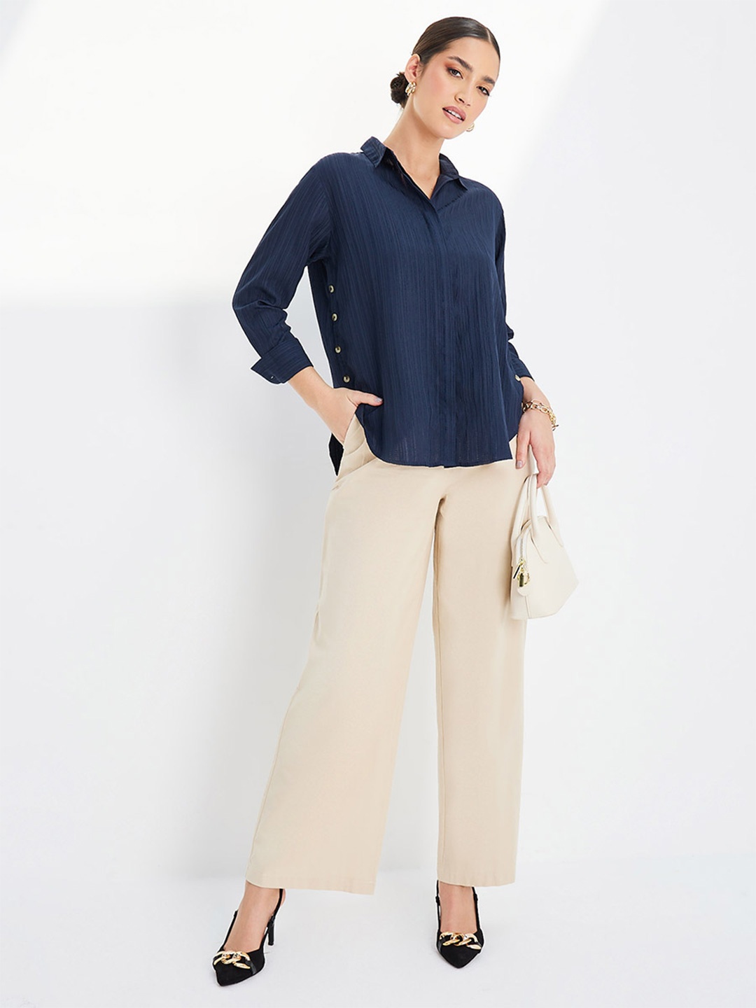 

Styli Navy Blue Self Design Striped Casual Shirt