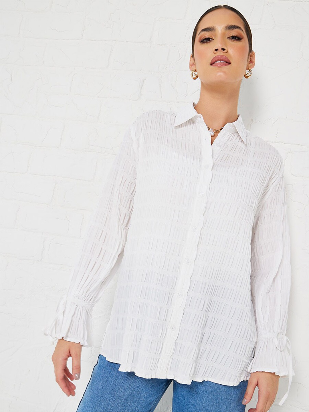 

Styli White Oversized Opaque Striped Casual Shirt