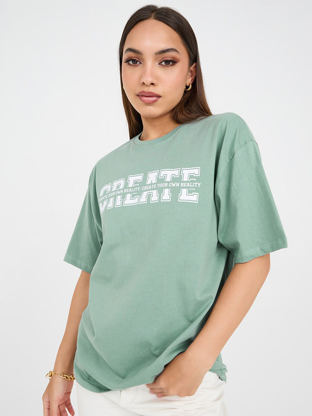 

Styli Green Typography Printed Drop-Shoulder Sleeves Pure Cotton Oversized T-shirt