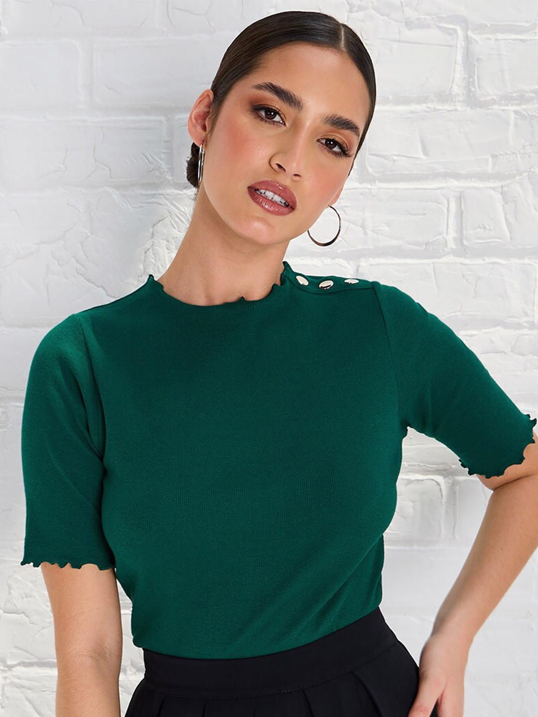 

Styli High Neck Slim Fit Cotton Top, Green