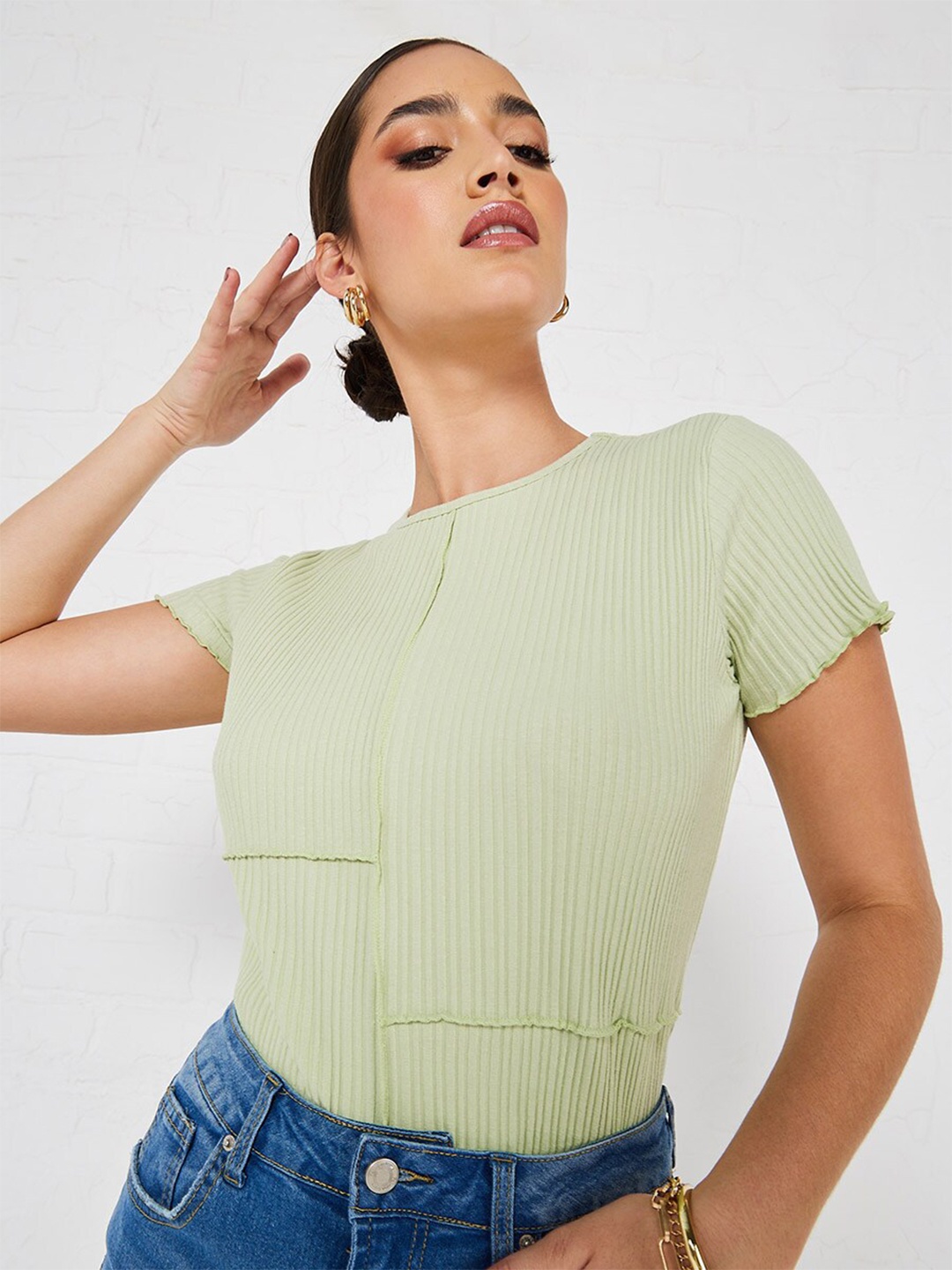 

Styli Green Ribbed Self Design Tops