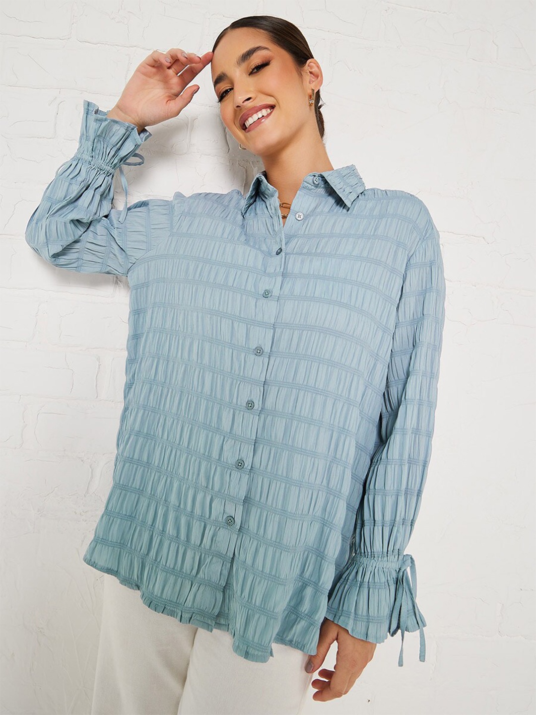 

Styli Blue Self Design Spread Collar Casual Shirt